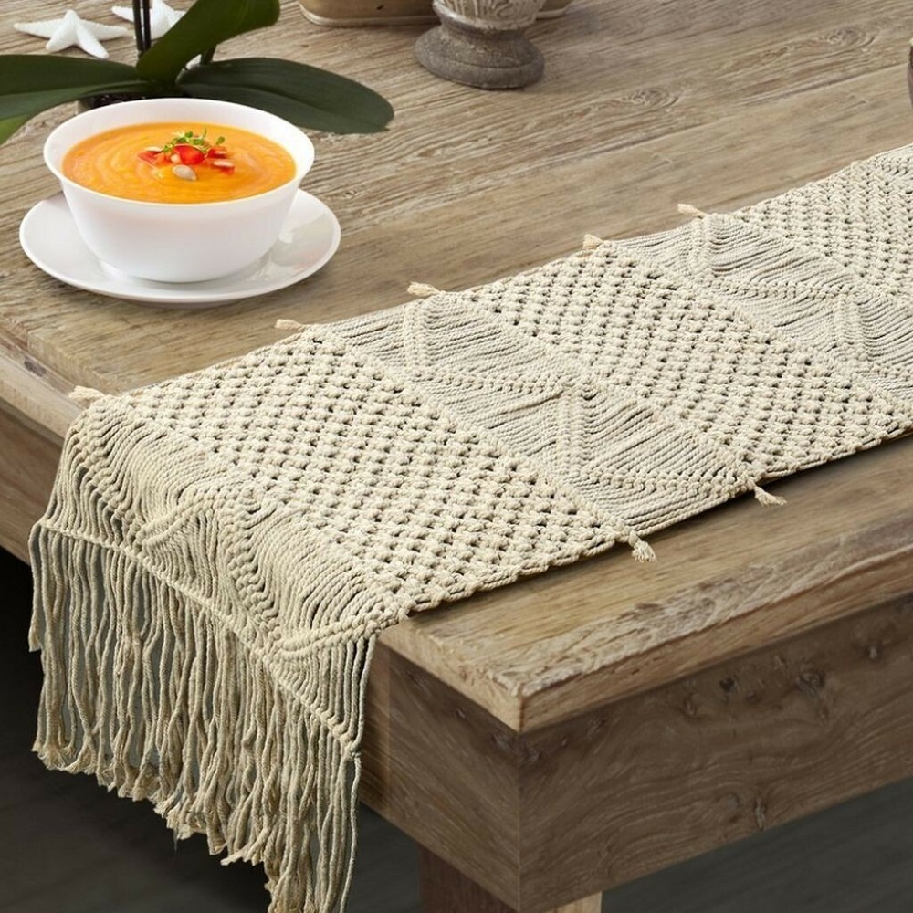 Long Macrame Dining Table Runner - 84"x14" - White -Farmhouse Style - Bed Runner